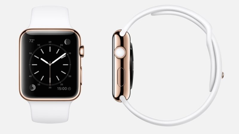 apple watch in 18k gold watch with white strap