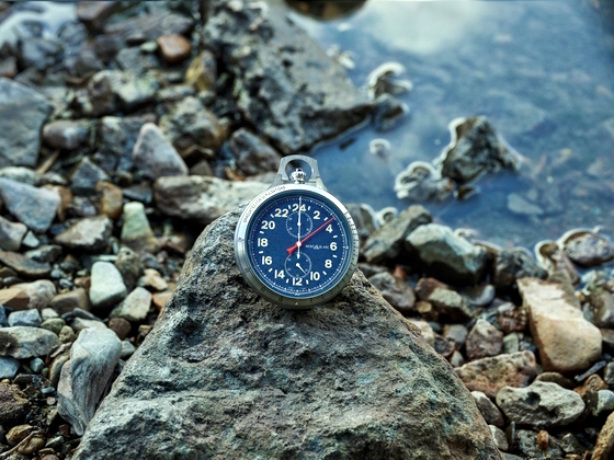 Montblanc blue Pocket Watch that can double up as a wrist watch on a expedition.