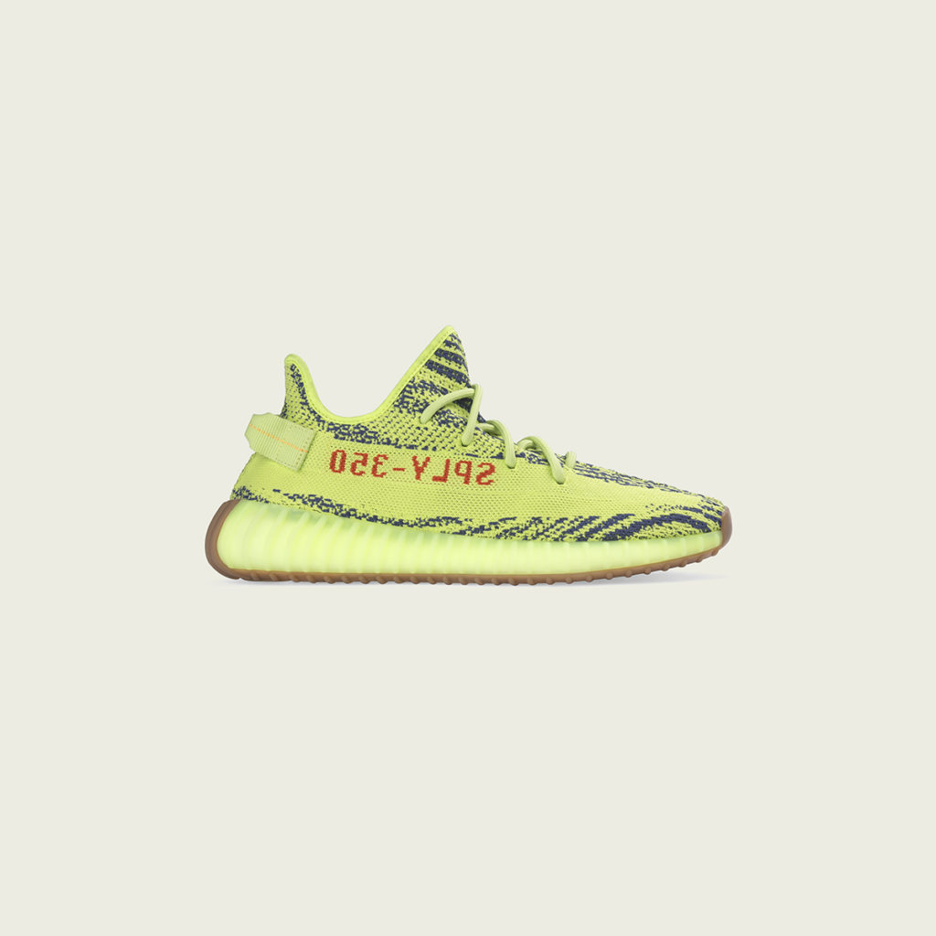 The YEEZY BOOST 350 V2 is available in flavourful colours of Semi Frozen Yellow/Grey Steel/Red