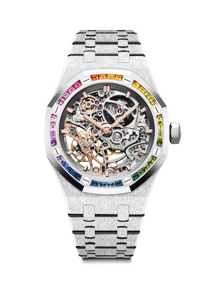 The Royal Oak Double Balance Wheel Openworked novelty features 32 baguette-cut sapphires in rainbow hues around the bezel