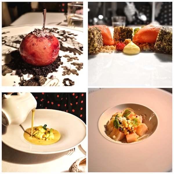 From bottom right to left, Ceviche, Sea bass, Sorbet and sesame seeds desserts